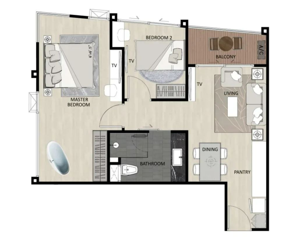 Sea Heaven Phuket Naithon Phase 3.1 2 bedroom 58.29 м² layout